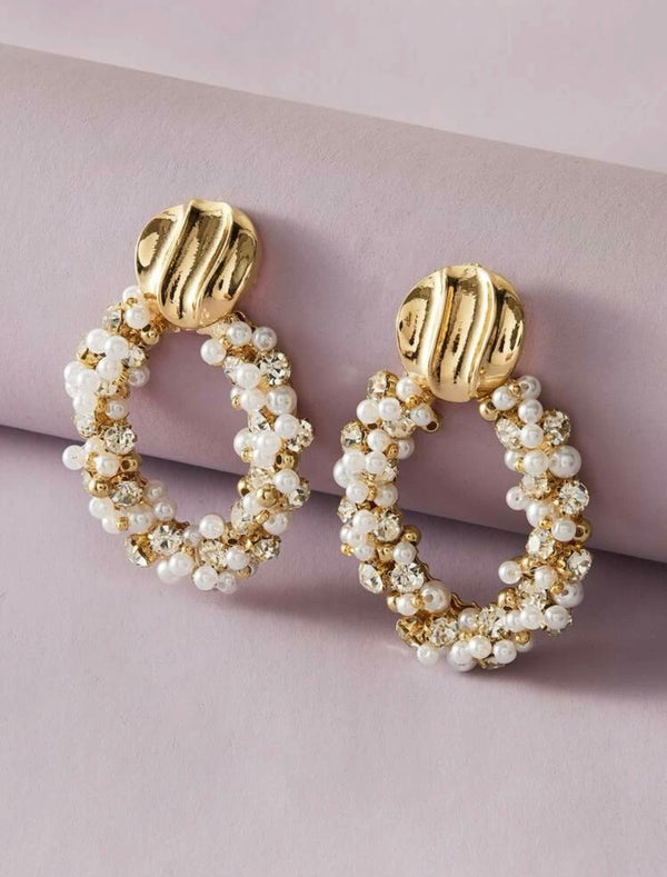 Textured Metal Decor Faux Pearl Round Drop Earrings